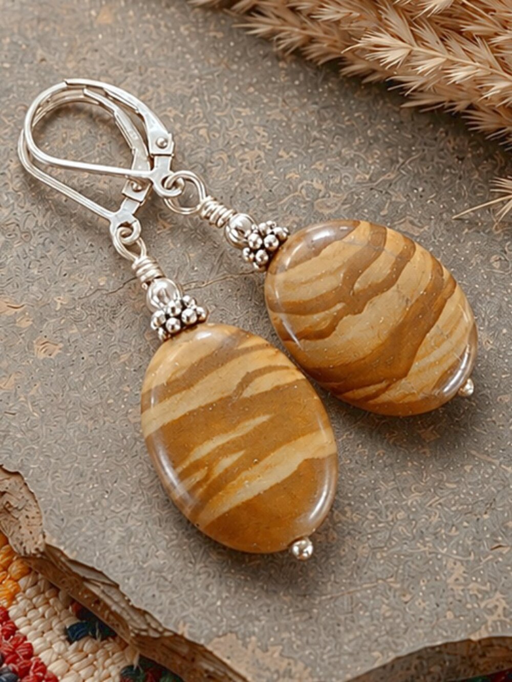 Hickory Jasper Earrings, Leverback Earwires Sterling Silver